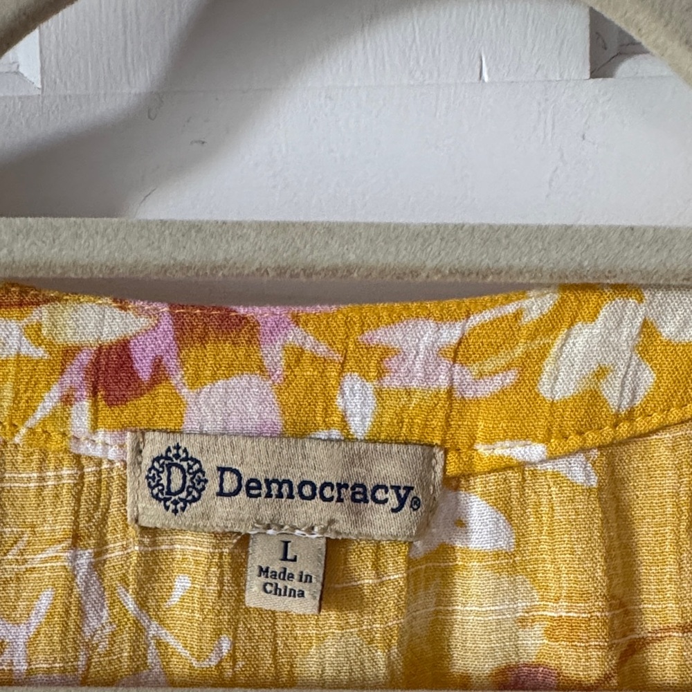 Democracy Mustard Yellow Floral Tie-Front Cold Shoulder Blouse L - Picture 2 of 11